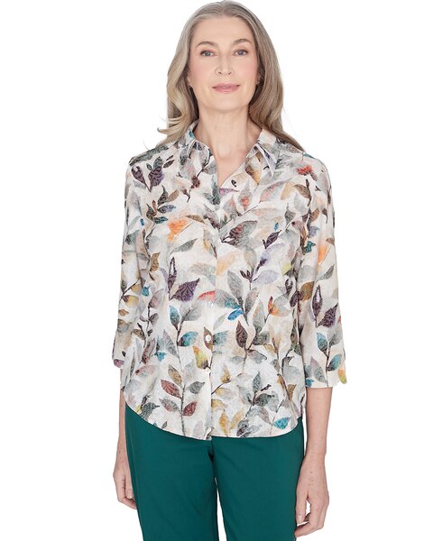 Alfred Dunner® Classics Classic Water Colored Leaf Filled Button Down Top