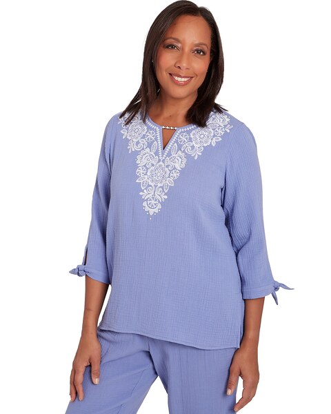 Alfred Dunner® Summer Breeze Embroidered Top with Tie Sleeves