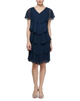 S.L. Fashions Pebble Georgette Caped Tiered Dress - Navy