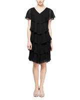 S.L. Fashions Pebble Georgette Caped Tiered Dress - Black