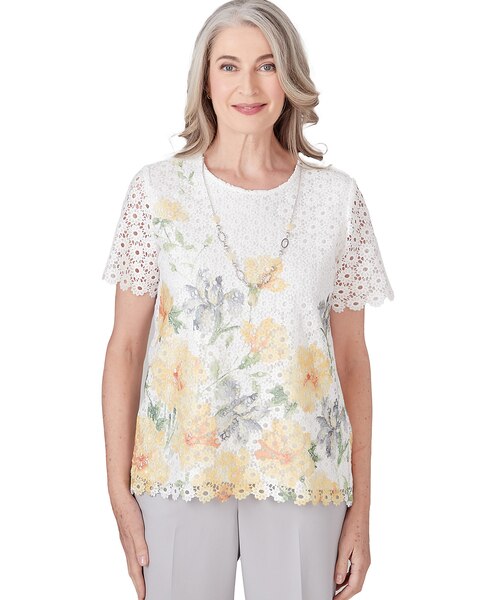 Alfred Dunner® Charleston Short Sleeve Floral Lace Top With Detachable Necklace