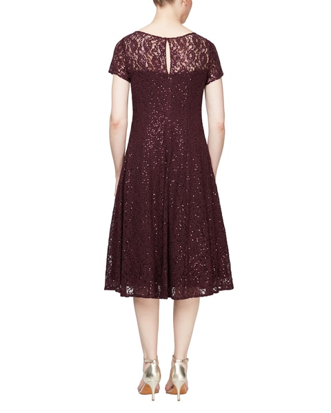 S.L. Fashions Cap Sleeve Tea Length Sequin Lace Dress