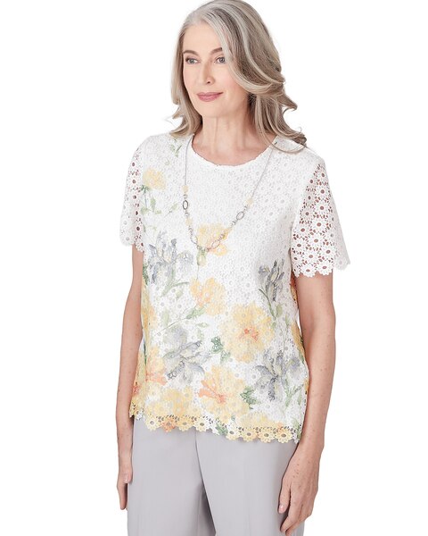 Alfred Dunner® Charleston Short Sleeve Floral Lace Top With Detachable Necklace