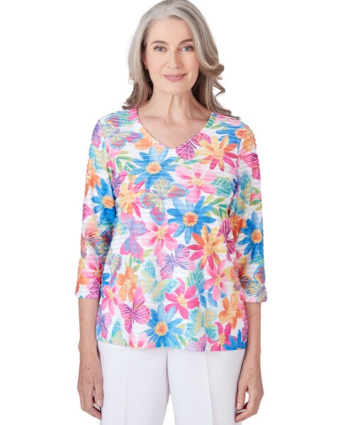 Alfred Dunner® Paradise Island Floral & Butterfly Pleated Ruffle Top