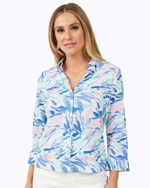 Foxcroft Lucie 3/4 Sleeve Tropical Paint Strokes Blouse