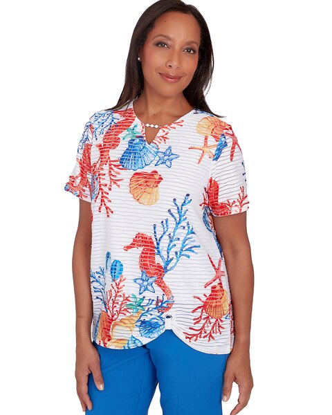 Alfred Dunner® Neptune Beach Seahorse Textured Short Sleeve Top