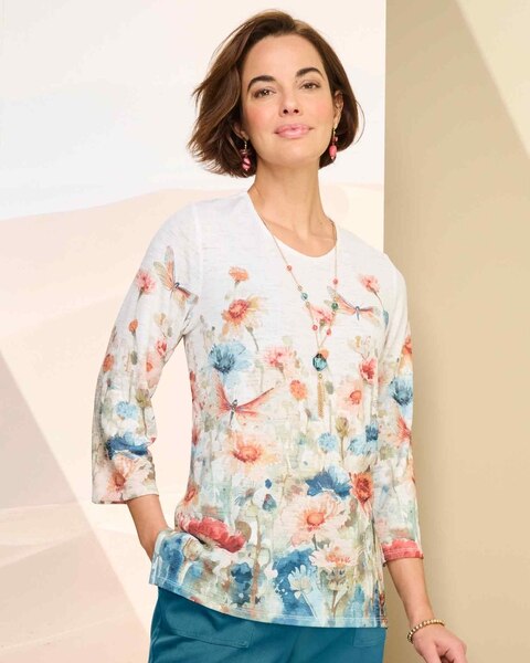 Alfred Dunner Floral And Dragonfly Print Top