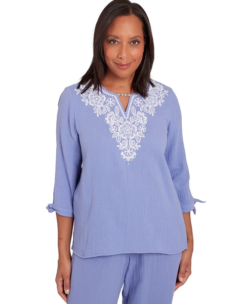 Alfred Dunner® Summer Breeze Embroidered Top with Tie Sleeves