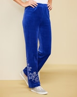 Floral Embroidered Velour Pants - Royalty Blue