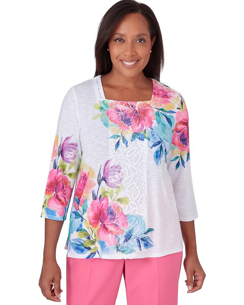 Alfred Dunner® Paradise Island Long Sleeve Flower Lace Top