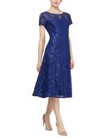 S.L. Fashions Cap Sleeve Tea Length Sequin Lace Dress - Iris