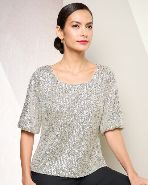 Sequin Elbow Sleeve Top by Alex Evenings