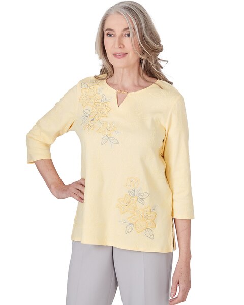 Alfred Dunner® Charleston Three Quarter Sleeve Top with Embroidered Floral Details
