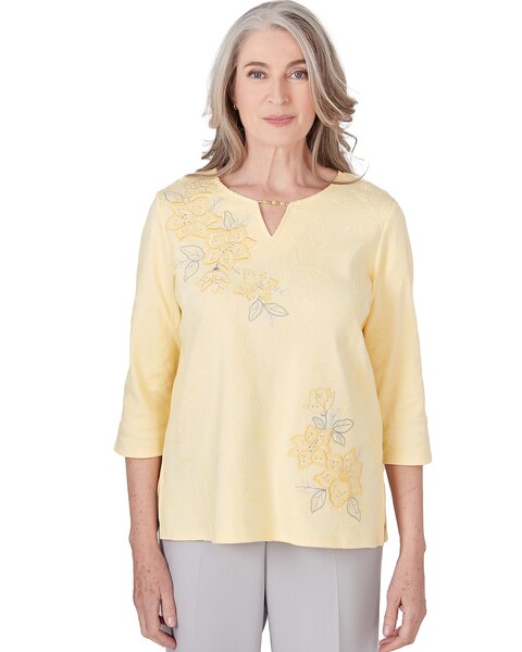 Alfred Dunner® Charleston Three Quarter Sleeve Top with Embroidered Floral Details