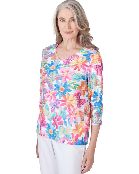 Alfred Dunner® Paradise Island Floral & Butterfly Pleated Ruffle Top