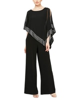 S.L. Fashions Jumpsuit with Attached Asymetric Cape and Silver Hem Detail - Black