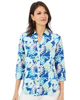 Foxcroft Mary 3/4 Sleeve Oasis Floral Jersey Shirt - Blue Breeze
