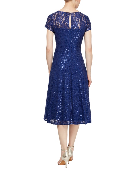 S.L. Fashions Cap Sleeve Tea Length Sequin Lace Dress
